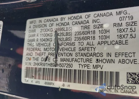 2019 Honda Cr-V Ex-L from USA, damaged, VIN 2HKRW1H89KH507250
